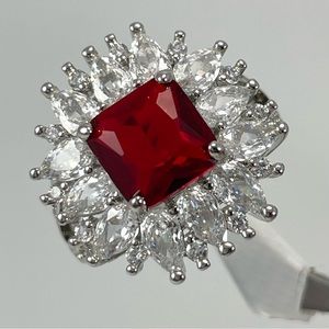 Beautiful Statement Starburst Halo Red Ruby White Diamond CZ Silver Plated Ring